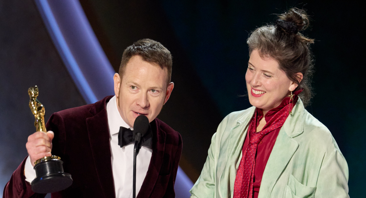 (L to R) James Price and Shona Heath accept the Oscar® for Production Design during the live ABC telecast of the 96th Oscars® at the Dolby® Theatre at Ovation Hollywood on Sunday, March 10, 2024. Credit/Provider: Trae Patton ©A.M.P.A.S. Copyright: ©A.M.P.A.S.