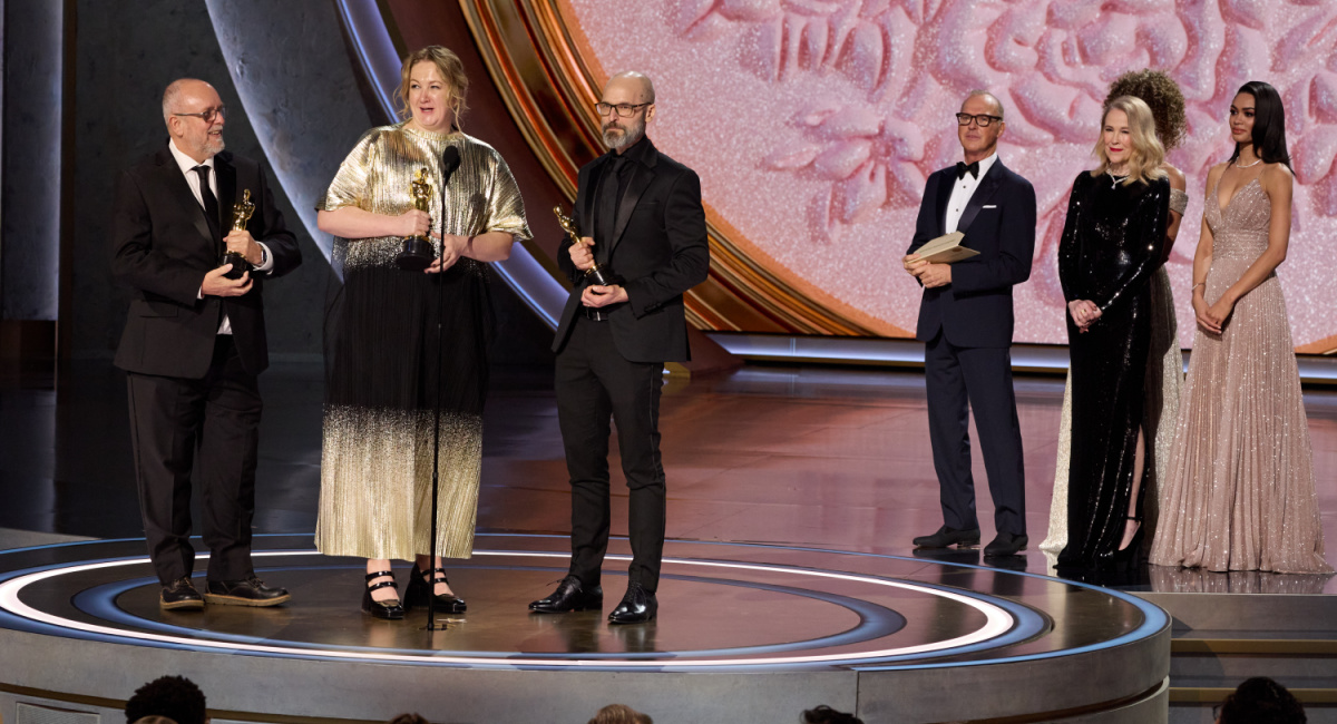 (L to R) Mark Coulier, Nadia Stacey and Josh Weston accept the Oscar® for Makeup and Hairstyling during the live ABC telecast of the 96th Oscars® at the Dolby® Theatre at Ovation Hollywood on Sunday, March 10, 2024. Credit/Provider: Trae Patton ©A.M.P.A.S. Copyright: ©A.M.P.A.S.