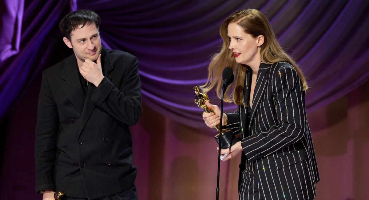 (L to R) Arthur Harari and Justine Triet accept the Oscar® for Original Screenplay during the live ABC telecast of the 96th Oscars® at the Dolby® Theatre at Ovation Hollywood on Sunday, March 10, 2024. Credit/Provider: Trae Patton ©A.M.P.A.S. Copyright: ©A.M.P.A.S.