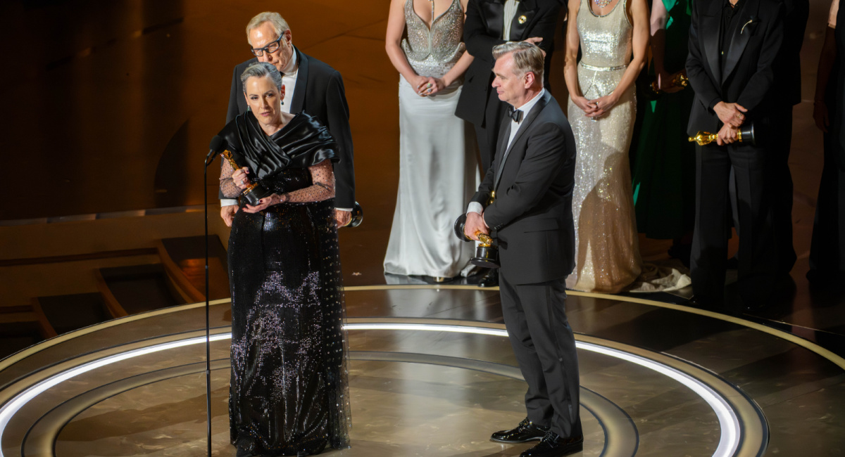 (L to R) Charles Roven, Emma Thomas, and Christopher Nolan accept the Oscar® for Best Picture during the live ABC telecast of the 96th Oscars® at the Dolby® Theatre at Ovation Hollywood on Sunday, March 10, 2024. Credit/Provider: Phil McCarten ©A.M.P.A.S. Copyright: ©A.M.P.A.S.