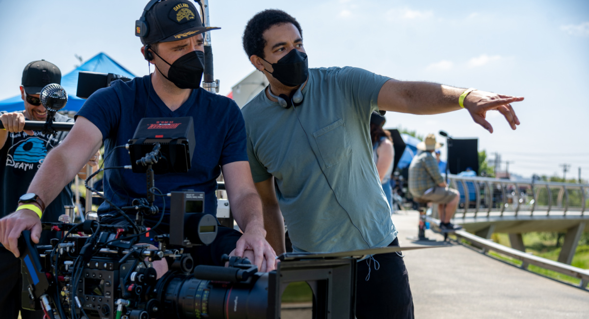 Writer/director Kobi Libii (right) on the set of 'The American Society of Magical Negroes,' a Focus Features release.