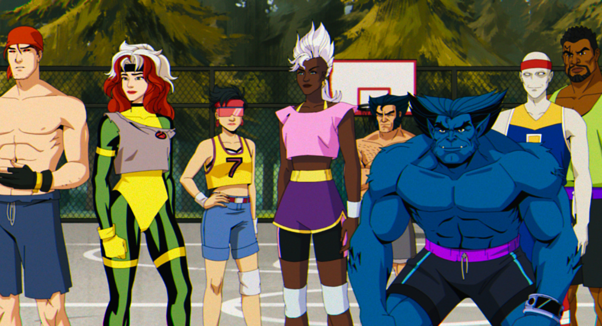 Gambit (voiced by AJ LoCascio), Rogue (voiced by Lenore Zann), Jubilee (voiced by Holly Chou), Storm (voiced by Alison Sealy-Smith), Wolverine (voiced by Cal Dodd), Beast (voiced by George Buza), Morph (voiced by JP Karliak), and Bishop (voiced by Isaac Robinson-Smith) in Marvel Animation's 'X-Men '97.'