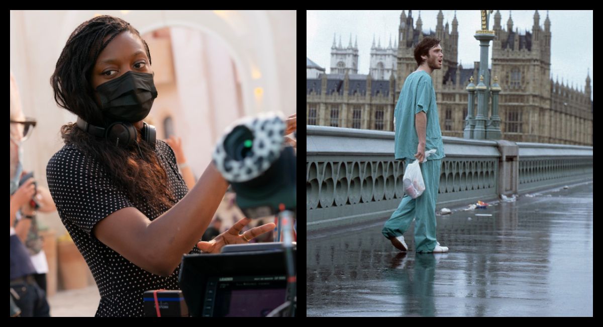(Left) Director Nia DaCosta on the set of Marvel Studios' 'The Marvels.' Photo by Laura Radford. © 2023 Marvel (Right) Cillian Murphy in 2002's '28 Days Later.' Photo: Fox Searchlight Pictures.