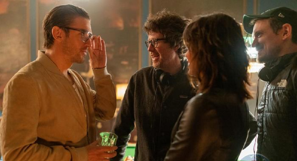Dan Stevens, director Tyler Gillett, Melissa Barrera and director Matt Bettinelli-Olpin on the set of 'Abigail.'