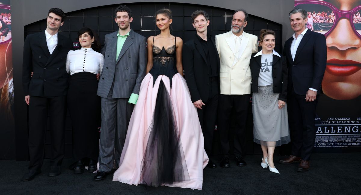 Writer Justin Kuritzkes, producer Amy Pascal, Josh O’Connor, Zendaya, Mike Faist, director Luca Guadagnino, producer Rachel O’Connor and Mike Hopkins, SVP of Prime Video and Amazon MGM Studios, attend the Los Angeles Premiere of Amazon MGM Studios’ 'Challengers' at Regency Village Theatre on April 16, 2024 in Los Angeles, California.