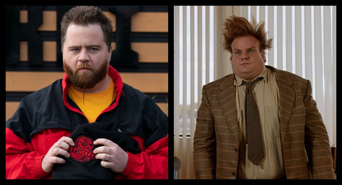 (Left) Paul Walter Hauser in Netflix's 'Coba Kai' season 5. (Right) Chris Farley in 'Tommy Boy.' Photo: Paramount Pictures.