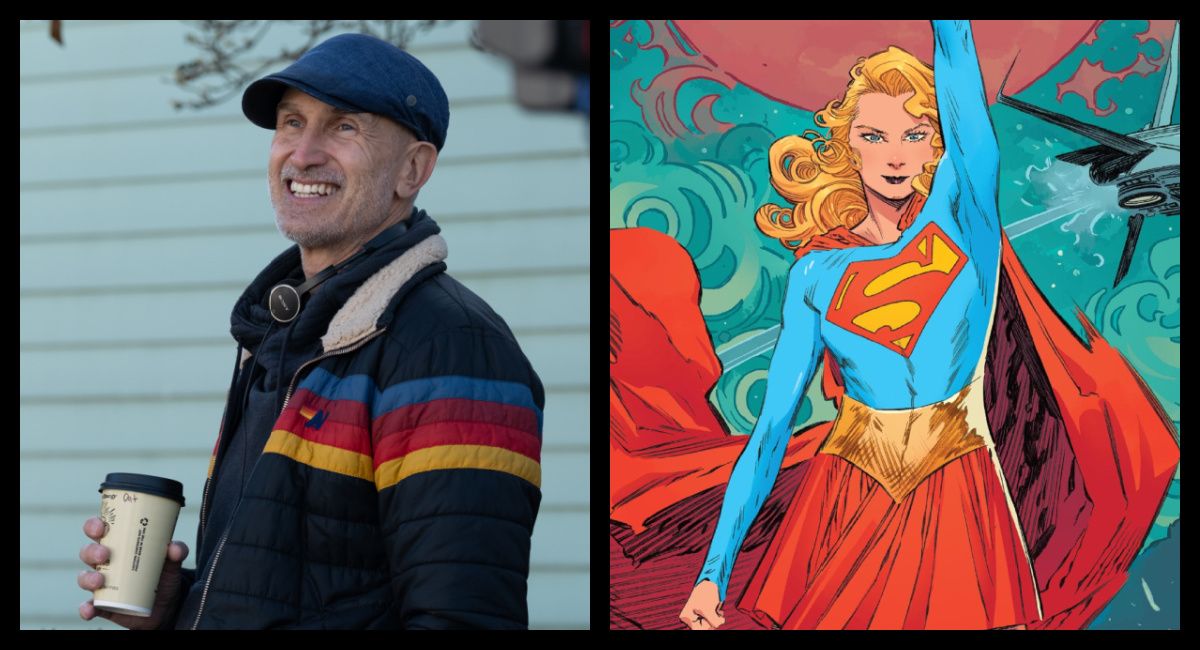 (Left) Director Craig Gillespie on the set of 'Dumb Money.' Photo: Claire Folger. © 2023 CTMG, Inc. All Rights Reserved. (Right) DC Comics' Supergirl from writer Tom King's 'Supergirl: Woman of Tomorrow.' Photo courtesy of DC.com.
