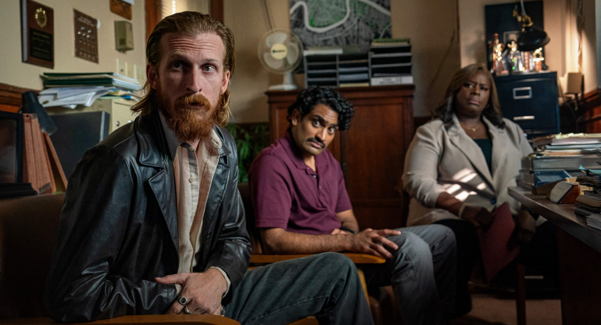 Austin Amelio as Jasper, Sanjay Rao as Phil and Retta as Claudette in 'Hit Man'.