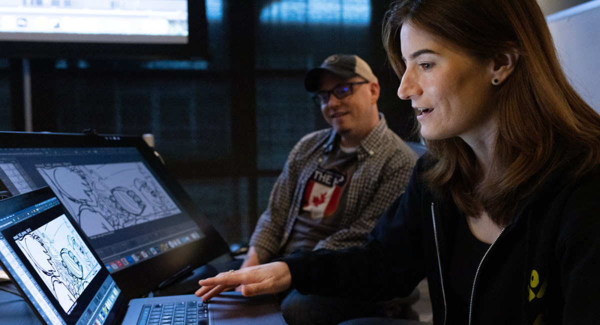 Becca McVeigh and John Hoffman during a story review, as seen on March 19, 2024 at Pixar Animation Studios in Emeryville, Calif.