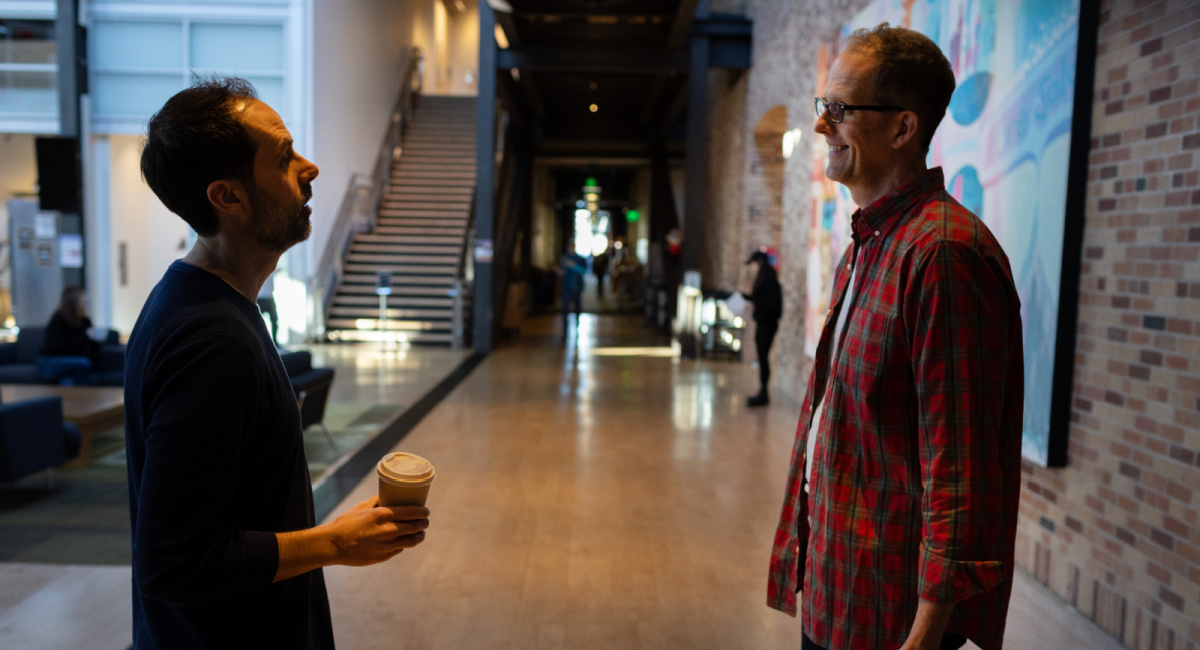 Kelsey Mann and Pete Docter talk before an Inside Out 2 animation review on February 8, 2024 at Pixar Animation Studios in Emeryville, Calif.