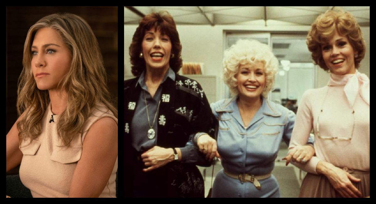 (Left) Jennifer Aniston in 'The Morning Show,' premiering September 13, 2023 on Apple TV+. (Right) Lily Tomlin, Dolly Parton and Jane Fonda in 'Nine to Five.' Photo: 20th Century Fox.