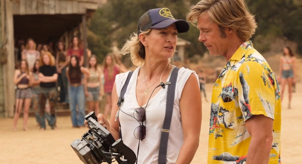 Zoë Bell and Brad Pitt on the set of 'Once Upon a Time in Hollywood'.