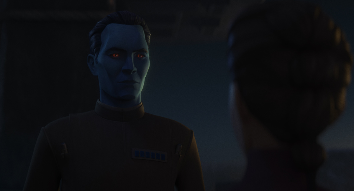 Thrawn and Morgan Elsbeth in a scene from 'Star Wars: Tales of the Empire', exclusively on Disney+.
