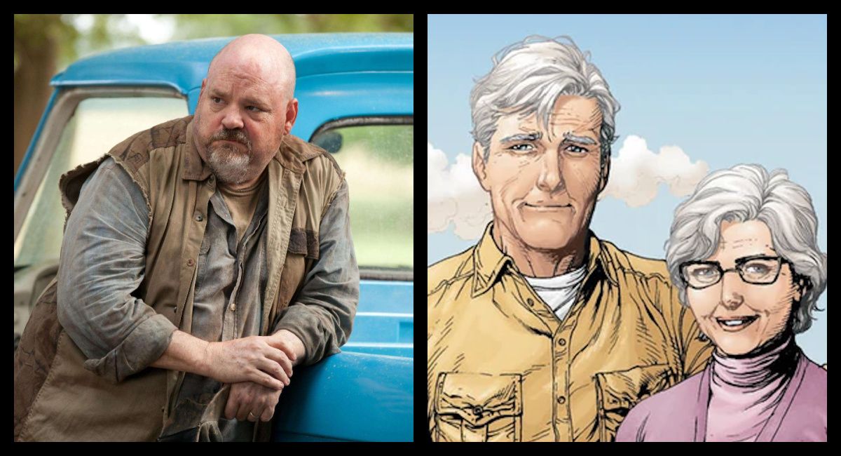 (Left) Pruitt Taylor Vince in 'The Walking Dead'.  Photo: Bob Mahoney.  © AMC 2011. (Right) Jonathan and Martha Kent.  Photo: DC Comics.