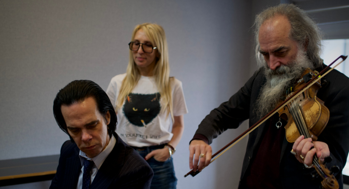 Musician Nick Cave, director Sam Taylor-Johnson and musician Warren Ellis during a scoring session of 'Back to Black', a Focus Features release.