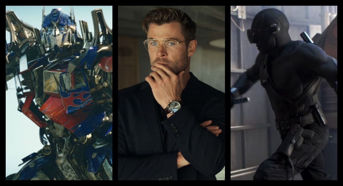 (Left) Optimus Prime in 'Transformers'. Photo: Paramount Pictures. (Center) Chris Hemsworth in 'Spiderhead.' Photo: Netflix. (Right) Ray Park as Snake Eyes in 'G.I. Joe: Retaliation'. Photo: Paramount Pictures.