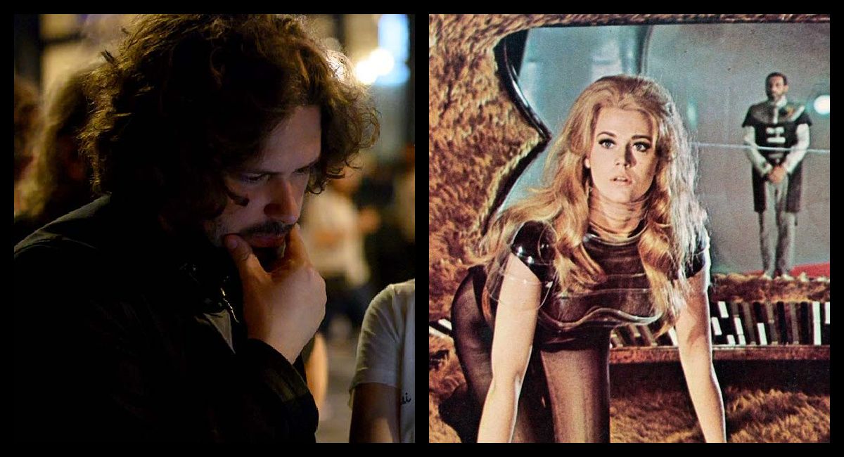 (Left) Writer/Director Edgar Wright on the set of their film 'Last Night in Soho' (Right) Jane Fonda in 1968's 'Barbarella.' Photo: Paramount Pictures.