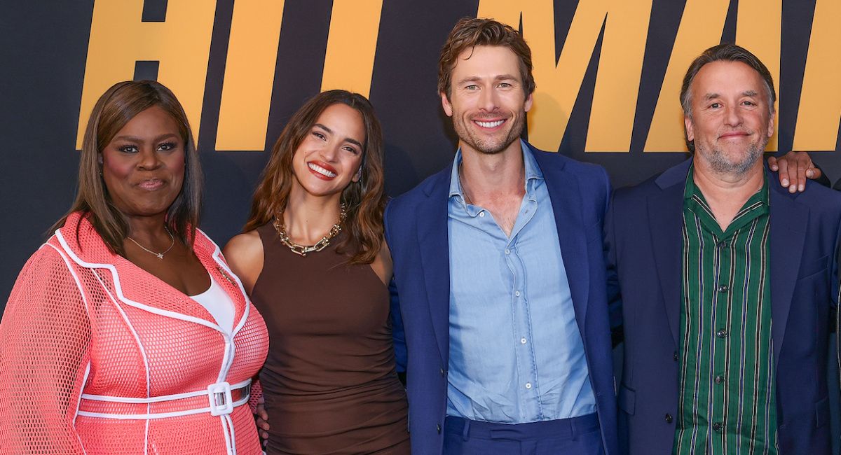 Retta, Adria Arjona, Glen Powell and director Richard Linklater for 'Hit Man'.