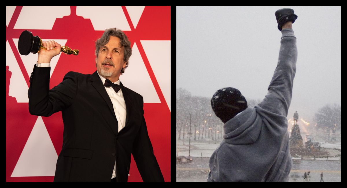 (Left) Peter Farrelly poses backstage with the Oscar® for original screenplay during the live ABC Telecast of the 91st Oscars® at the Dolby® Theatre in Hollywood, CA on Sunday, February 24, 2019. Credit/Provider: Mike Baker / ©A.M.P.A.S. Copyright: ©A.M.P.A.S. (Right) Sylvester Stallone in 'Rocky'. Photo: United Artists.