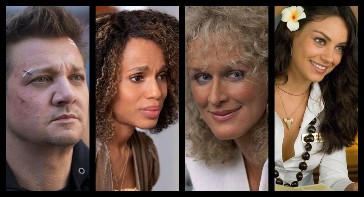 (Left) Kerry Washington stars in Hulu's 'UnPrisoned.' Photo: Kelsey McNeal/Hulu. (Center Left) Jeremy Renner as Clint Barton/Hawkeye in Marvel Studios' 'Hawkeye.' Photo by Mary Cybulski. ©Marvel Studios 2021. All Rights Reserved. (Center Right) Glenn Close in 'Fatal Attraction'. (Right) Photo: Paramount Pictures. Mila Kunis in 'Forgetting Sarah Marshall'. Photo: Universal Pictures.