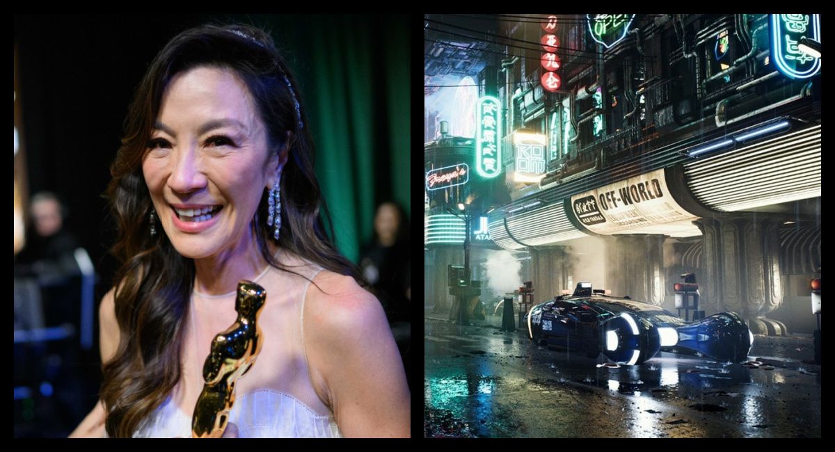(Left) Michelle Yeoh at the 95th Oscars on Sunday, March 12, 2023. The 95th Oscars will be held on Sunday, March 12, 2023, at the Dolby Theatre at Ovation Hollywood and will be televised live on ABC at 8 p.m. EDT/5 p.m. PDT. (Right) 1982's 'Blade Runner'. Photo: Warner Bros.