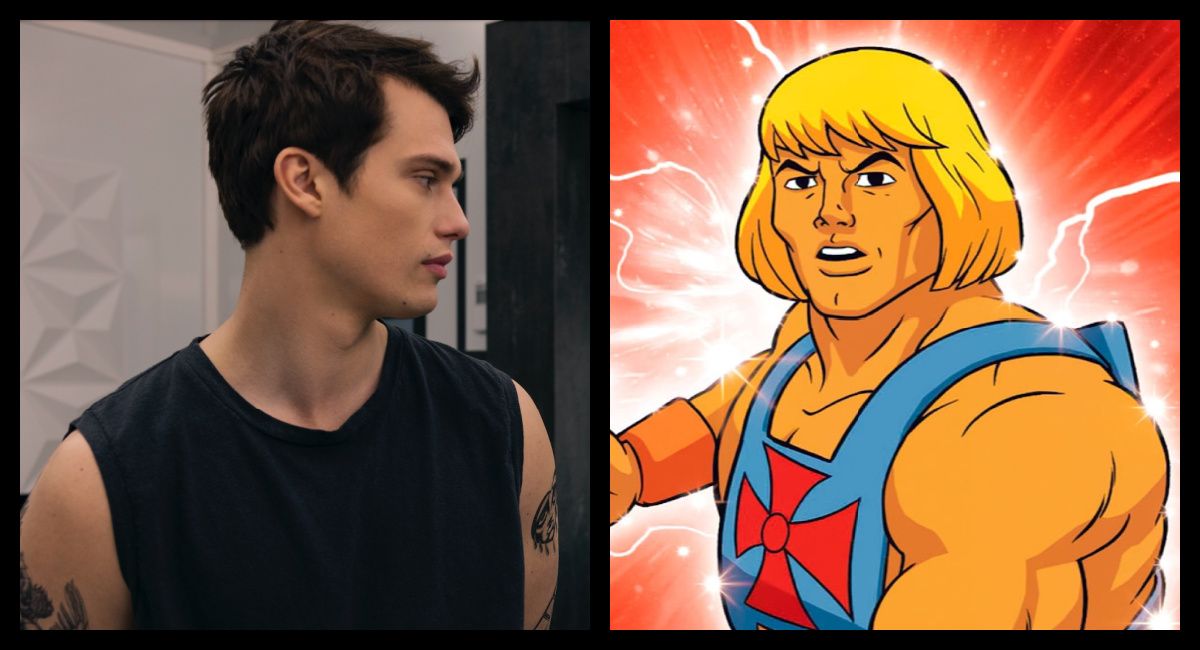 (Left) Nicholas Galitzine as 'Hayes Campbell' in 'The Idea of You'. Credit: Alisha Wetherill/Prime. Copyright: © 2022 Amazon Content Services LLC. (Right) 'He-Man and the Masters of the Universe' 1980's Cartoon. Photo: Filmation Associates.