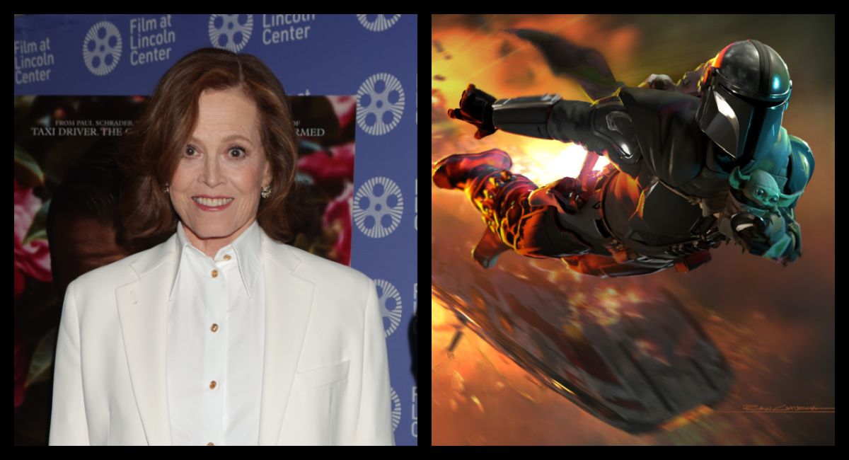(Left) Sigourney Weaver at the premiere of 'Master Gardener,' a Magnolia Pictures release. (Right) 'The Mandalorian' Season 4 Concept Art courtesy of Lucasfilm Ltd. ©2024 Lucasfilm Ltd. & TM. All Rights Reserved.