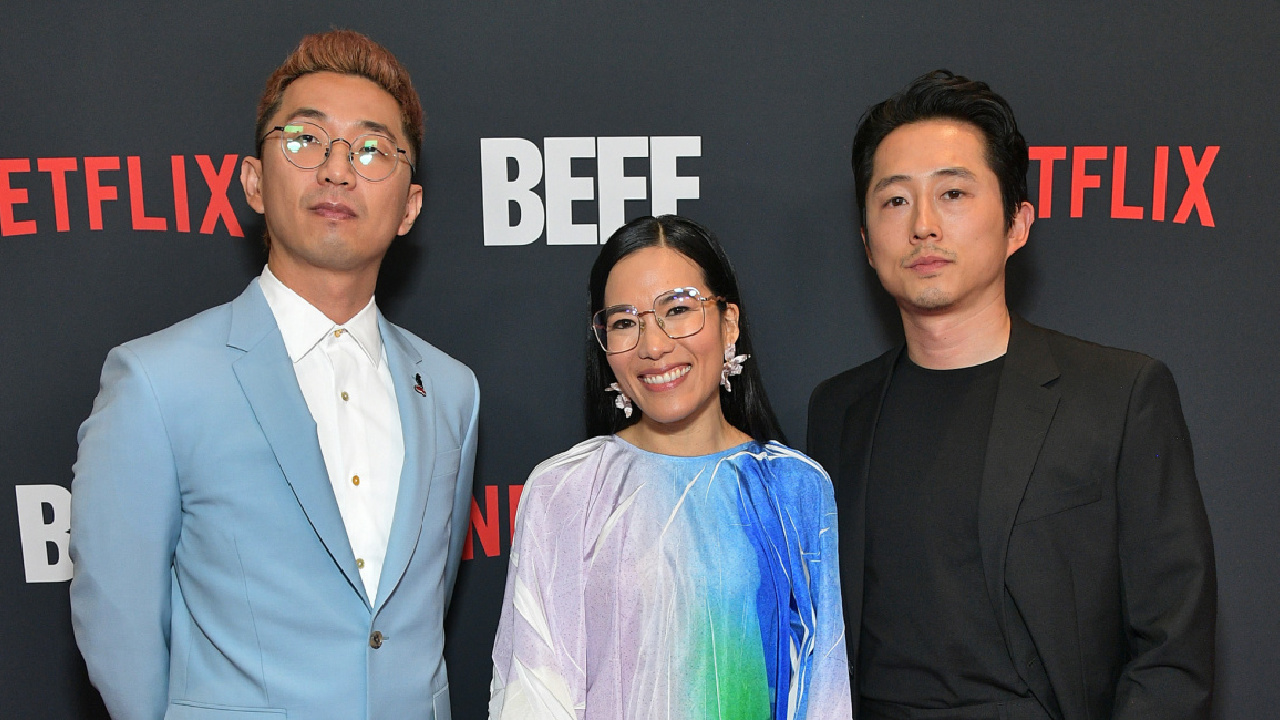 Lee Sung Jin, Ali Wong and Steven Yeun attend Netflix's Los Angeles premiere of 'BEEF' at Netflix Tudum Theater on March 30, 2023 in Los Angeles, California.