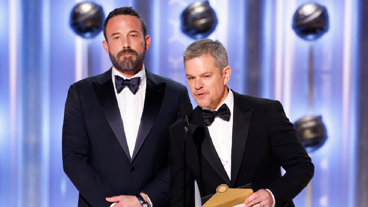 Ben Affleck and Matt Damon at the 81st Annual Golden Globe Awards, airing live from the Beverly Hilton in Beverly Hills, California on Sunday, January 7, 2024, at 8 PM ET/5 PM PT, on CBS and streaming on Paramount+.