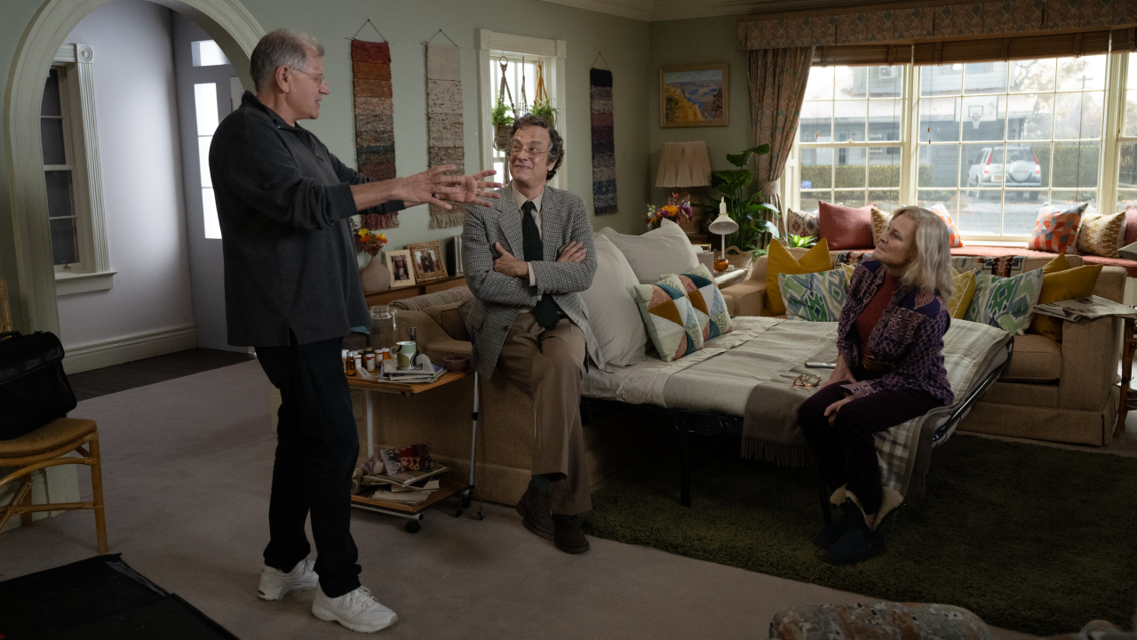 Robert Zemeckis, Tom Hanks and Robin Wright on the set of 'Here'.