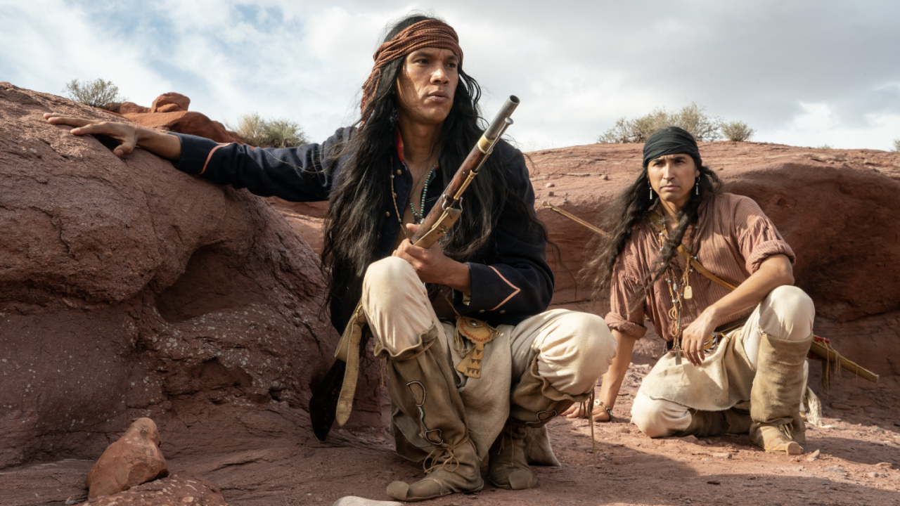 Owen Crow Shoe as Pionsenay and (right) Tatanka Means as Taklishim in New Line Cinema's Western drama 'Horizon: An American Saga - Chapter 1', a Warner Bros. Pictures release. Photo Credit: Richard Foreman.