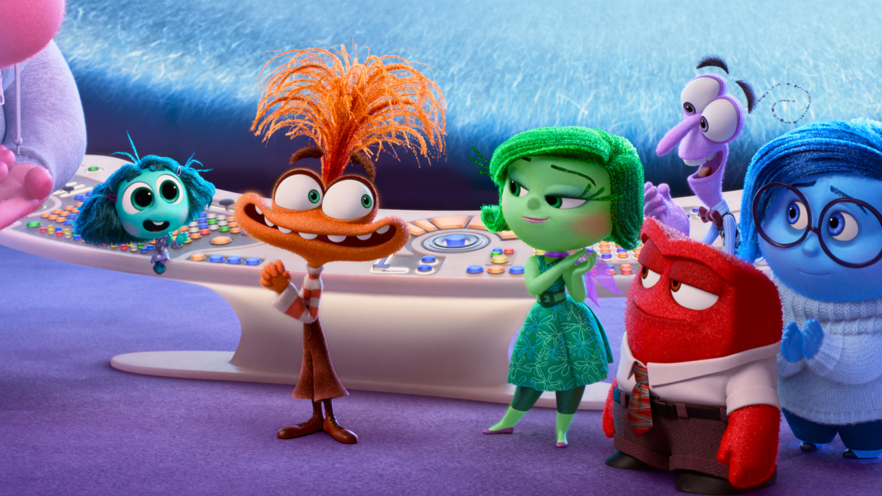 (L to R) Envy (voice of Ayo Edebiri), Anxiety (voice of Maya Hawke), Disgust (voice of Liza Lapira), Anger (voice of Lewis Black), Fear (voice of Tony Hale) and Sadness (voice of Phyllis Smith). Directed by Kelsey Mann and produced by Mark Nielsen, 'Inside Out 2' releases only in theaters June 14, 2024. © 2024 Disney/Pixar. All Rights Reserved.