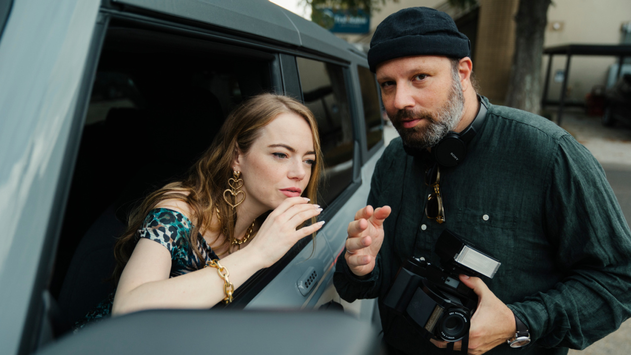 Emma Stone and Yorgos Lanthimos on the set of 'Kinds of Kindness.'