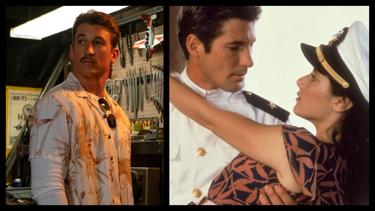 (Left) Miles Teller plays Lt. Bradley "Rooster" Bradshaw in 'Top Gun: Maverick' from Paramount Pictures, Skydance and Jerry Bruckheimer Films. (Right) Richard Gere and Debra Winger in 'An Officer and a Gentleman'. Photo: Paramount Pictures.