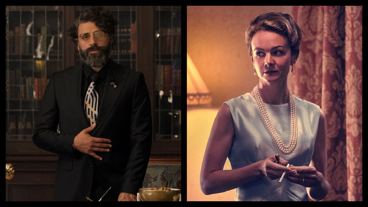 (Left) Oscar Isaac in 'Big Gold Brick.' (Right) Carey Mulligan as Felicia Montealegre in 'Maestro.' Photo: Jason McDonald/Netflix © 2023.