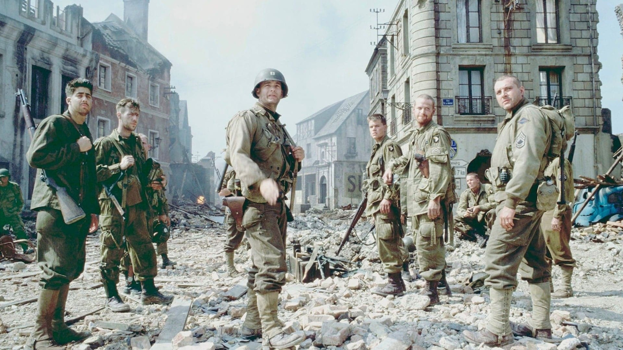 Adam Goldberg, Tom Hanks, Matt Damon, Max Martini and Tom Sizemore in 'Saving Private Ryan'.