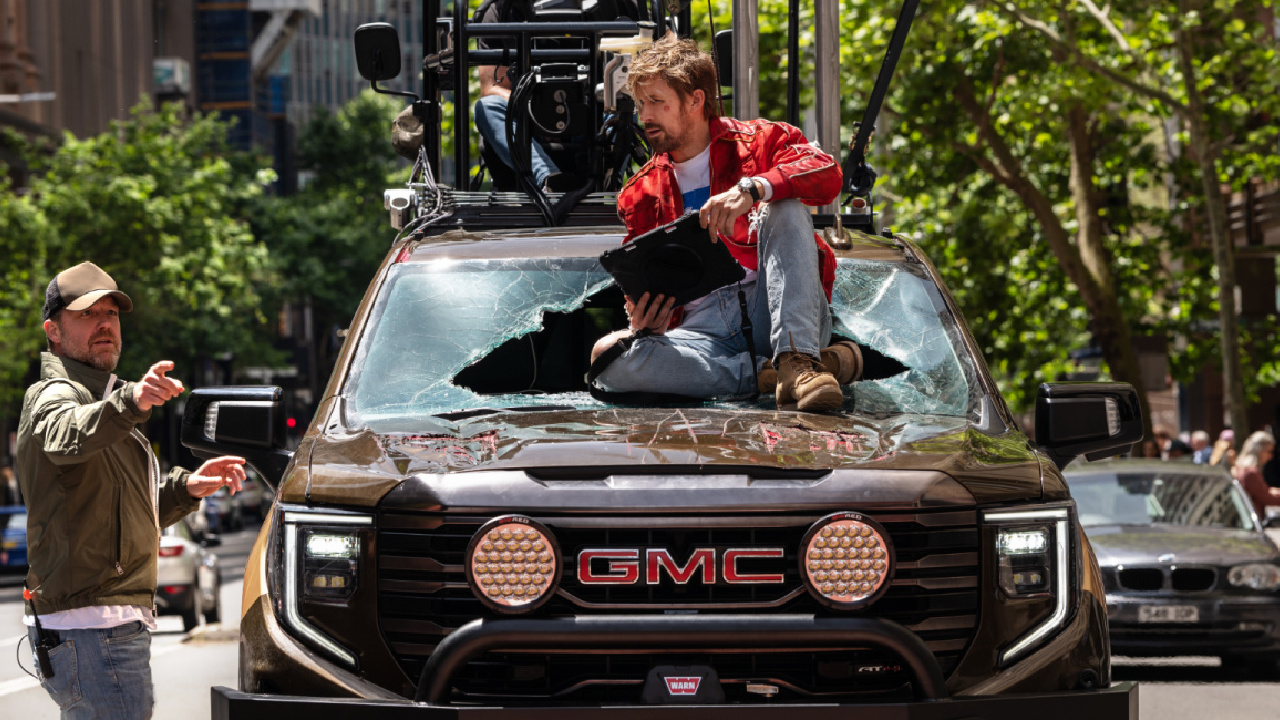 Director David Leitch and Ryan Gosling (as Colt Seavers) on the set of 'The Fall Guy.'