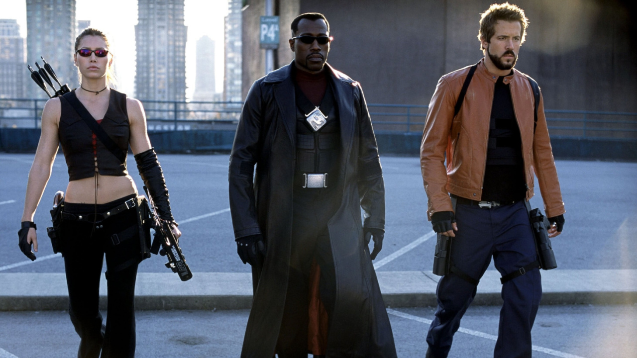 Jessica Biel, Wesley Snipes and Ryan Reynolds in 'Blade: Trinity'.