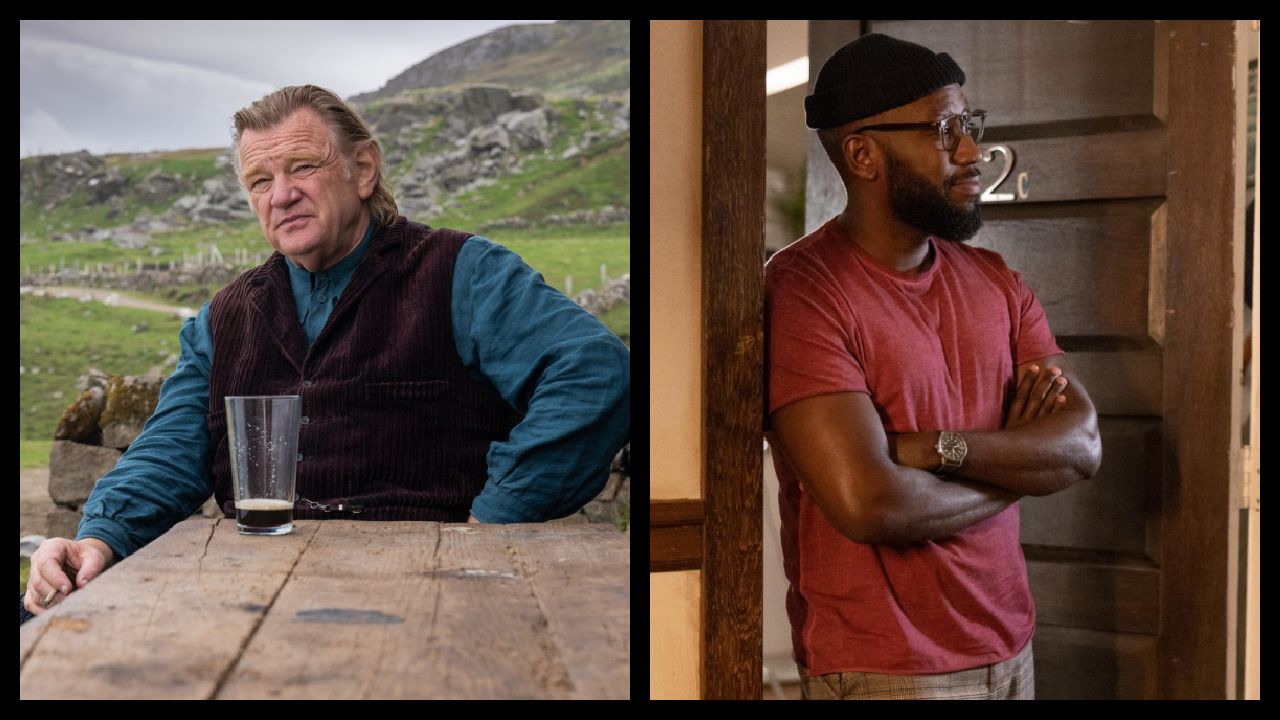 (Left) Brendan Gleeson in the film 'The Banshees of Inisherin.' Photo by Jonathan Hession. Courtesy of Searchlight Pictures. © 2022 20th Century Studios All Rights Reserved. (Right) Lamorne Morris in 'Woke'. Photo: Mark Hill/Hulu.