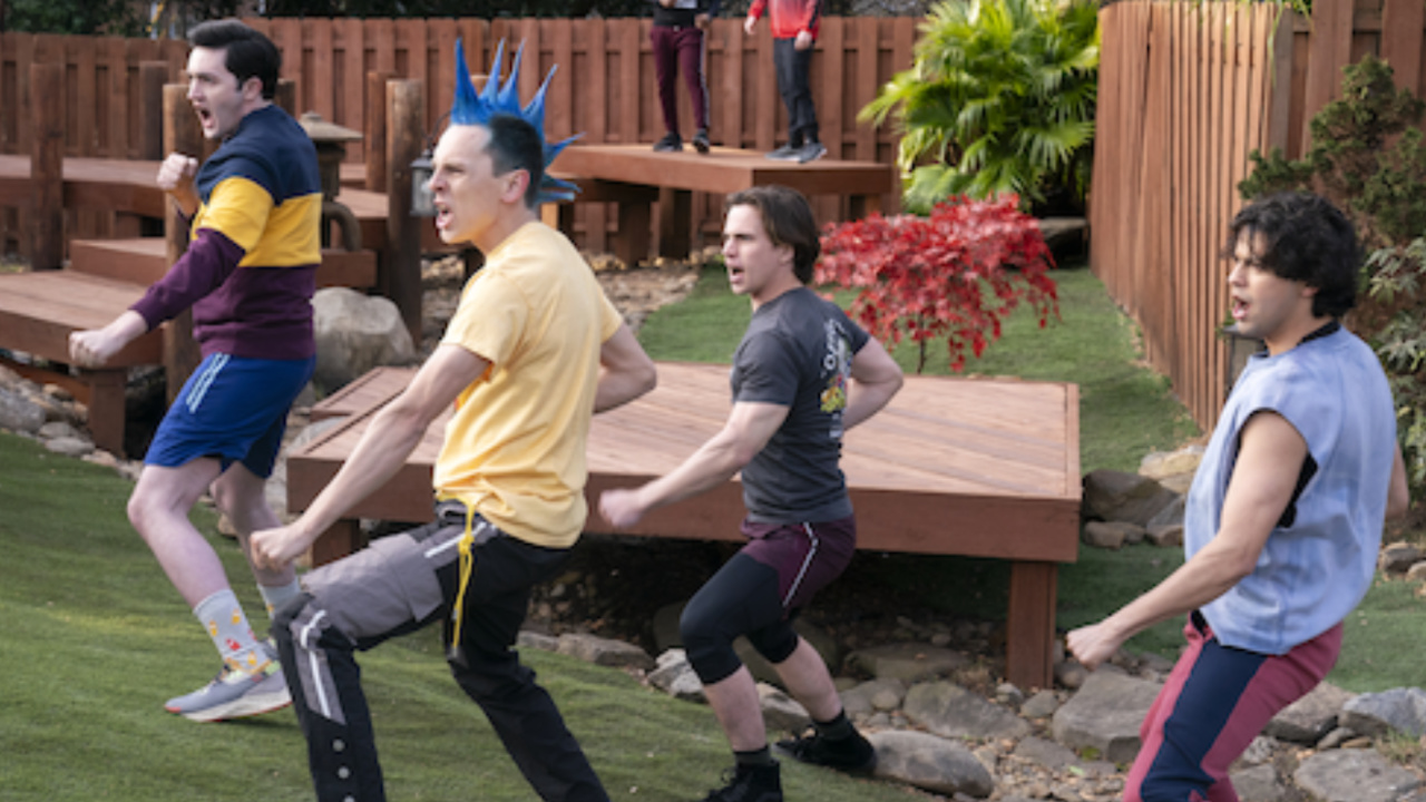 Gianni DeCenzo as Demetri, Jacob Bertrand as Eli 'Hawk' Moskowitz, Tanner Buchanan as Robby Keene, Xolo Maridueña as Miguel Diaz in 'Cobra Kai' season 6.