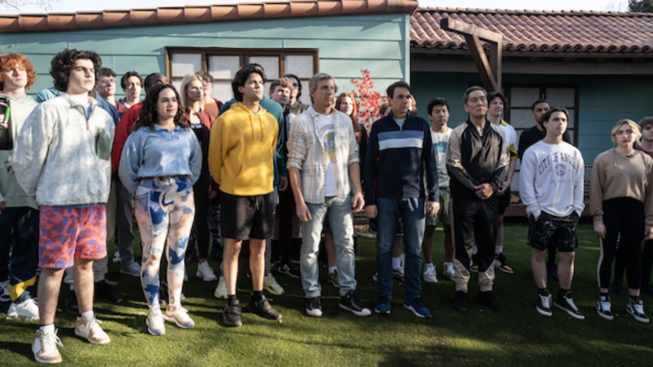 Griffin Santopietro as Anthony LaRusso, Mary Mouser as Samantha LaRusso, Xolo Maridueña as Miguel Diaz, William Zabka as Johnny Lawrence, Ralph Macchio as Daniel LaRusso, Nathaniel Oh as Nate, Yuji Okumoto as Chozen Toguchi, Tanner Buchanan as Robby Keene, Peyton List as Tory Nichols in 'Cobra Kai' season 6.