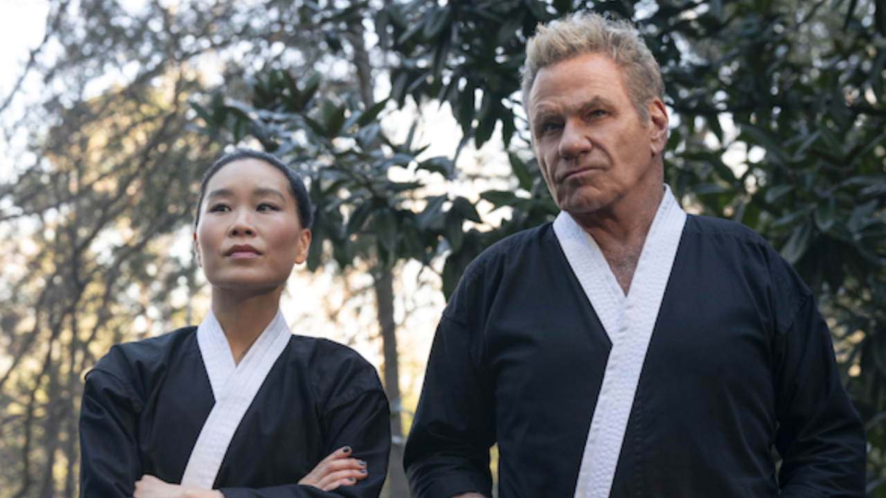 Alicia Hannah-Kim as Kim Da-Eun, Martin Kove as John Kreese in 'Cobra Kai' season 6.