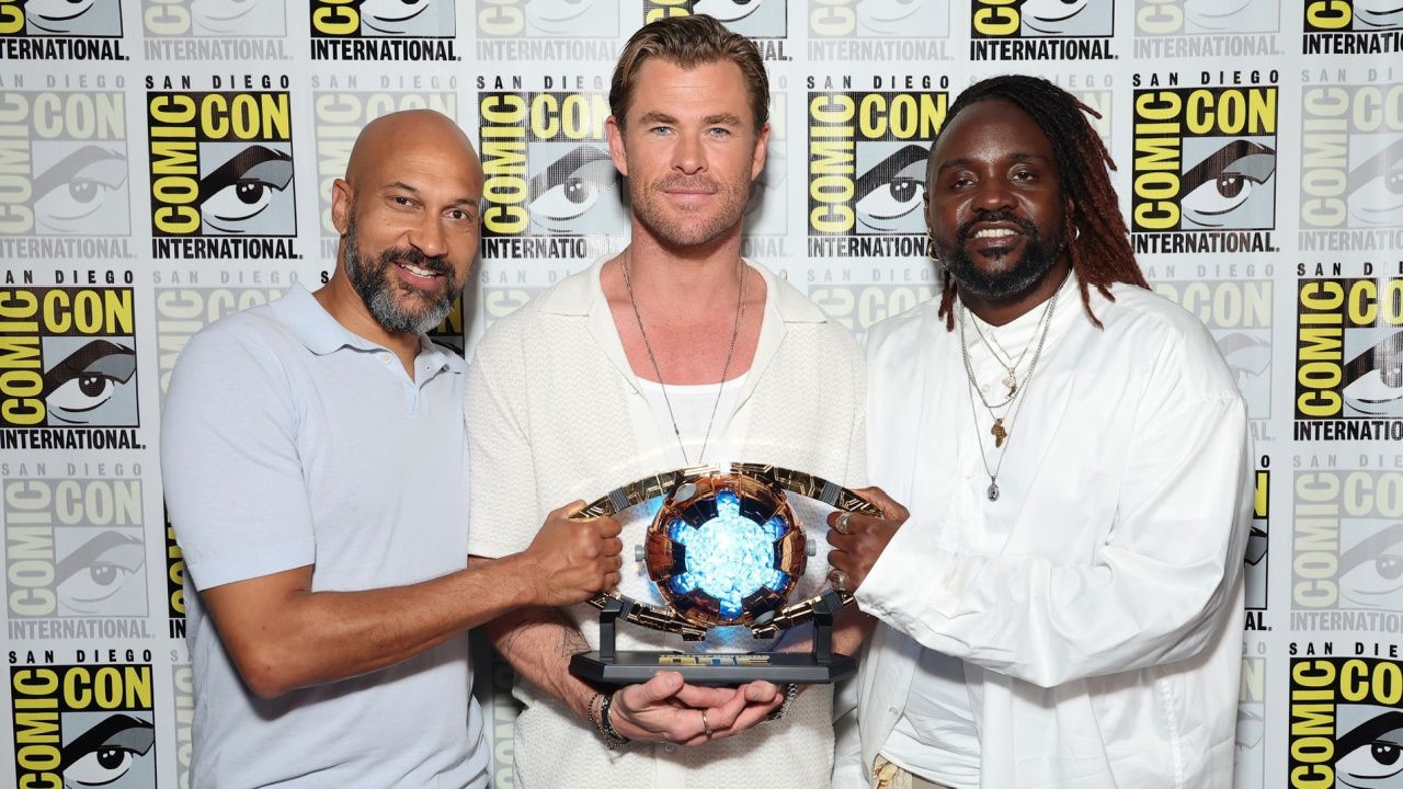 Keegan-Michael Key, Chris Hemsworth and Bryan Tyree Henry at the Comic-Con 2022 'Transformers One' presentation.