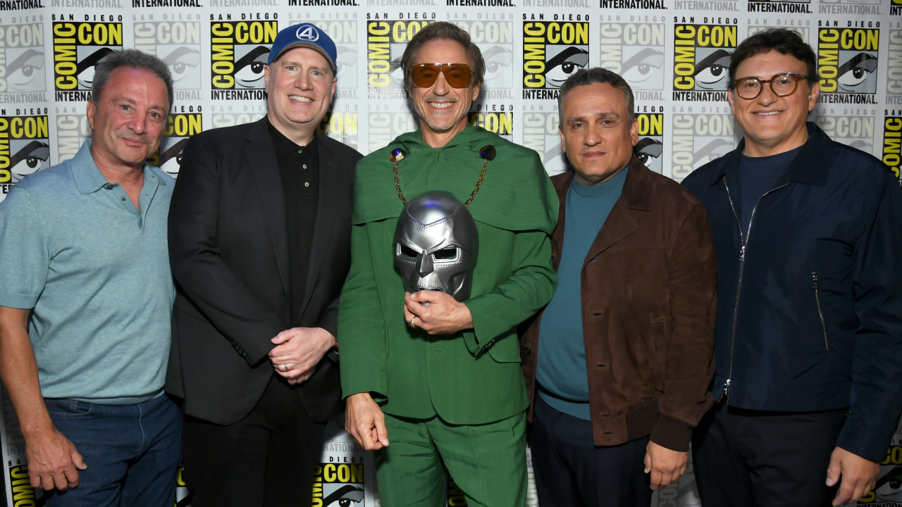 (L to R) Louis D'Esposito, Kevin Feige, Robert Downey Jr., Joe Russo and Anthony Russo present 'Avengers: Doomsday' at San Diego Comic-Con 2024. © 2024 20th Century Studios / © and ™ 2024 MARVEL.