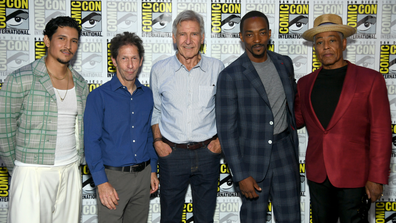 (L to R) Danny Ramirez, Tim Blake Nelson, Harrison Ford, Anthony Mackie and Giancarlo Esposito present 'Captain America: Brave New World' at San Diego Comic-Con 2024. © 2024 20th Century Studios / © and ™ 2024 MARVEL.