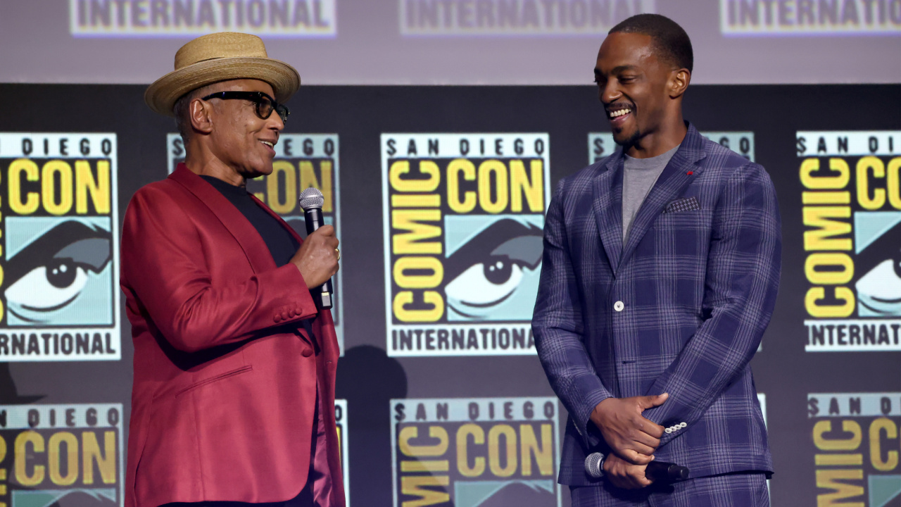 (L to R) Giancarlo Esposito and Anthony Mackie present 'Captain America: Brave New World' at San Diego Comic-Con 2024. © 2024 20th Century Studios / © and ™ 2024 MARVEL.