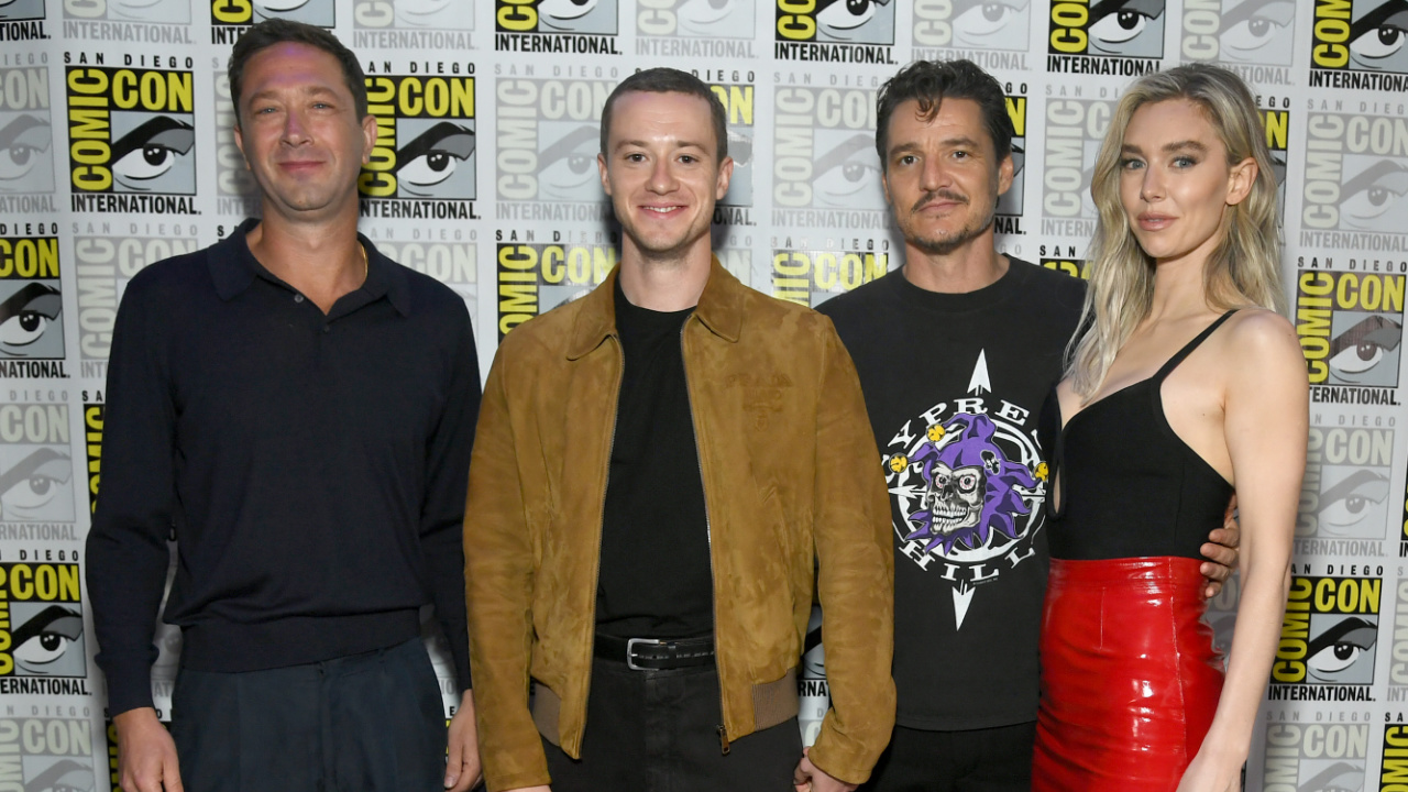 (L to R) Ebon Moss-Bachrach, Joseph Quinn, Pedro Pascal and Vanessa Kirby present 'The Fantastic Four: First Steps' at San Diego Comic-Con 2024. © 2024 20th Century Studios / © and ™ 2024 MARVEL.