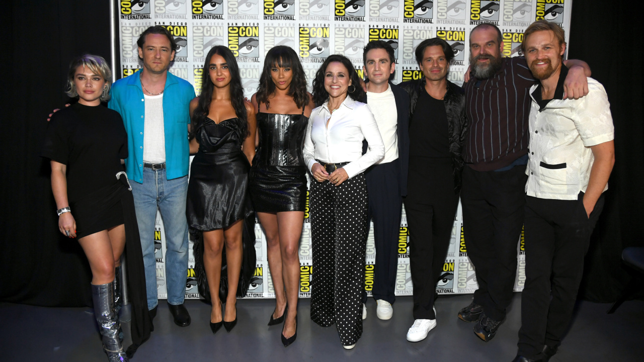 The cast of 'Thunderbolts*' at San Diego Comic-Con 2024. © 2024 20th Century Studios / © and ™ 2024 MARVEL.