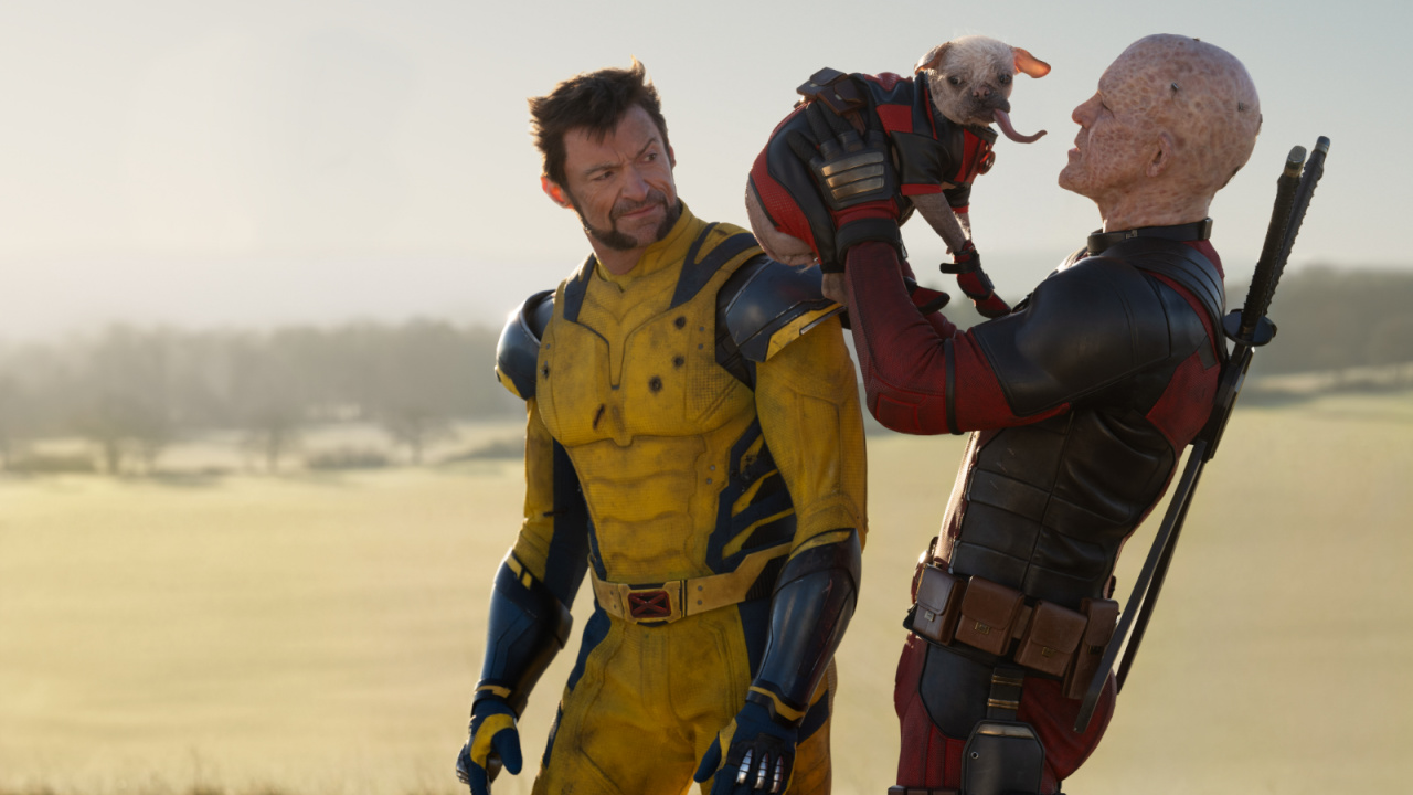 Hugh Jackman as Wolverine/Logan, Dogpool, and Ryan Reynolds as Deadpool/Wade Wilson in 20th Century Studios/Marvel Studios' 'Deadpool & Wolverine'.