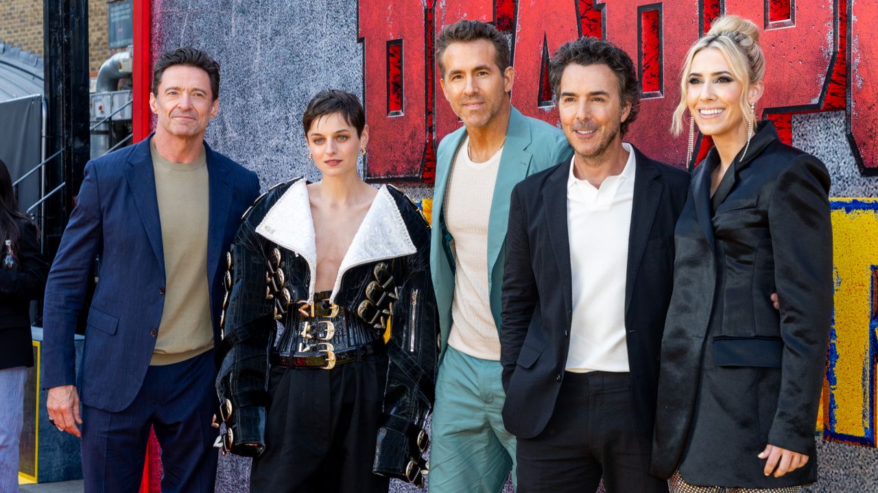 Hugh Jackman, Emma Corrin, Ryan Reynolds, Shawn Levy and Wendy Jacobson attend the UK Fan Event of Marvel Studios' 'Deadpool & Wolverine' at Eventim Apollo, London on July 11th, 2024.